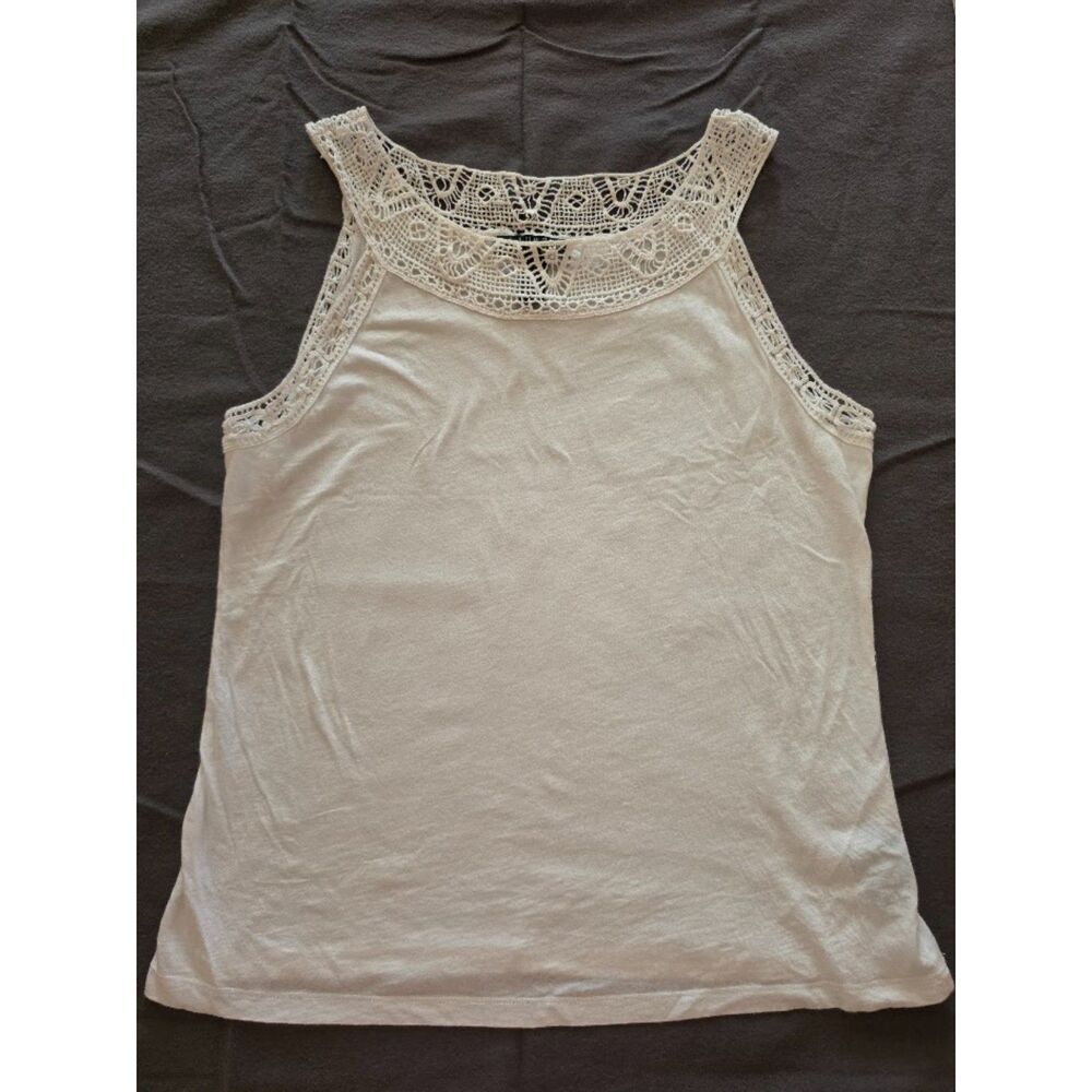Ralph Lauren Women's White Sleeveless Top with a Crochet Lace Neckline LPetite